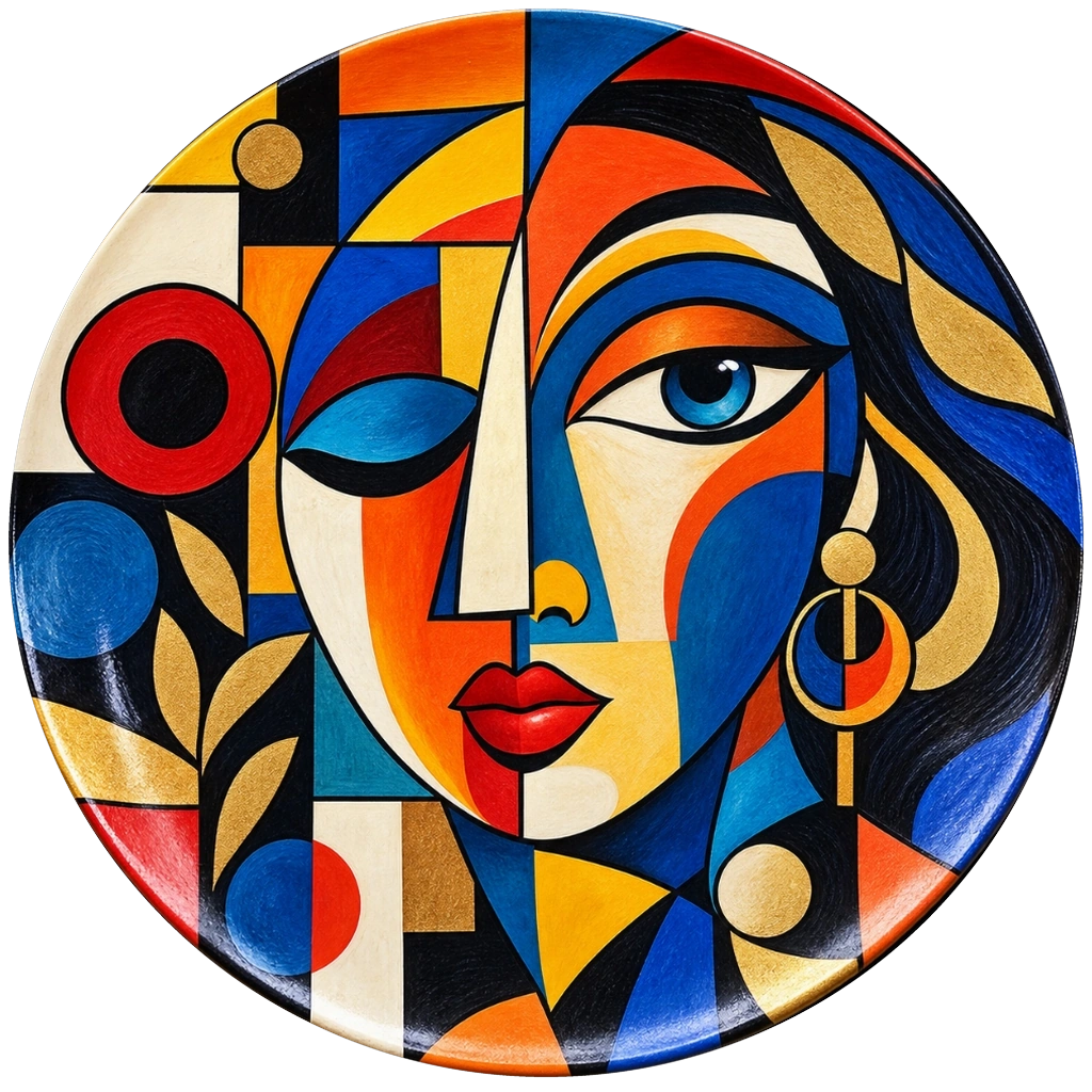Hand-painted decorative art plate showcasing vibrant colors and modern artistic craftsmanship.